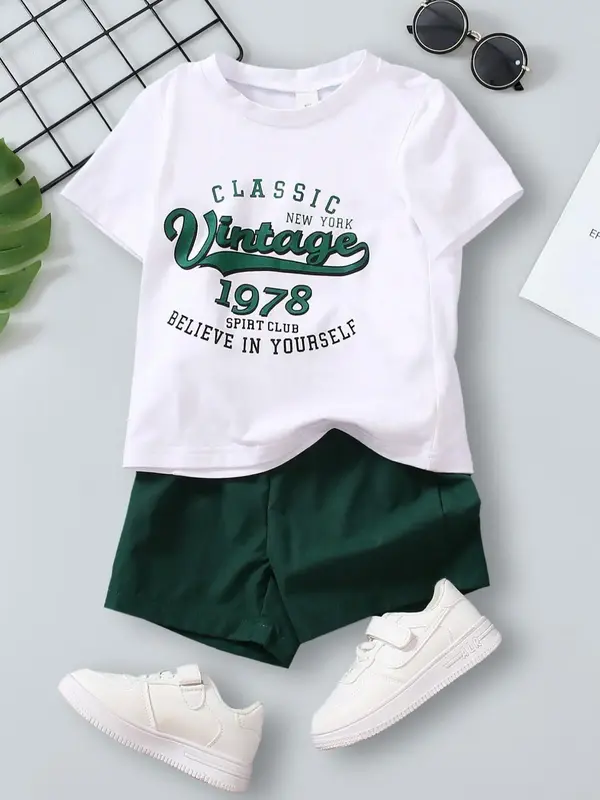 Two-piece Set Set Boy's Letter Number Print Tee & Shorts Set without Shoes, Casual Short Sleeve Round Neck Top & Shorts for S...