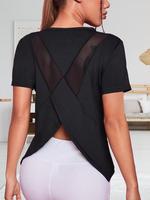 Women's Asymmetrical Contrast Mesh Sports Tee, Summer Clothes Women Breathable Quick Drying Tee Shirts for Workout Running, S...