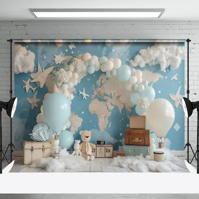 Aperturee Travel Bear Balloons Globe Map Cake Smash Backdrop, 3X2FT(1MX0.6M), 14 USD, birthday cake smash backdrops, NYHD2I24...