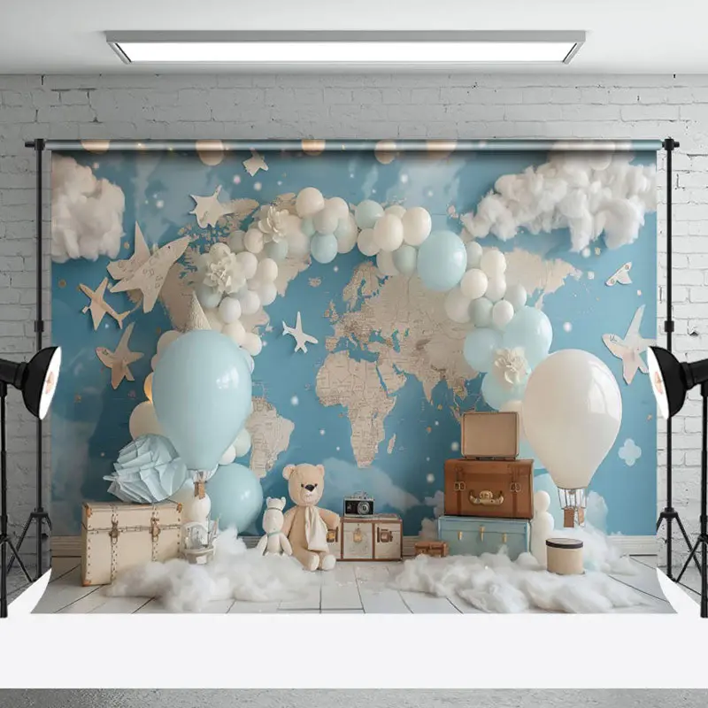 Aperturee Travel Bear Balloons Globe Map Cake Smash Backdrop, 3X2FT(1MX0.6M), 14 USD, birthday cake smash backdrops, NYHD2I24...