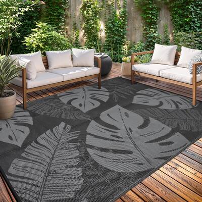 Garvee Outdoor Patio Rug 9x18 Waterproof Reversible Monstera Leaf Design Polypropylene Durable UV-Resistant Plastic Straw Fol...