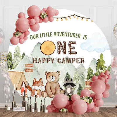 Round Wild Forest One Happy Camper Birthday Backdrop