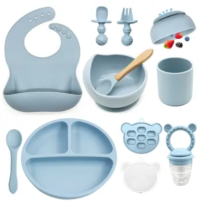Baby Feeding Set Silicone Smiley Face Plate, Snail Bowl, Bear Food Box, Bib, Cup, Forks, Baby Food Tools for Infants