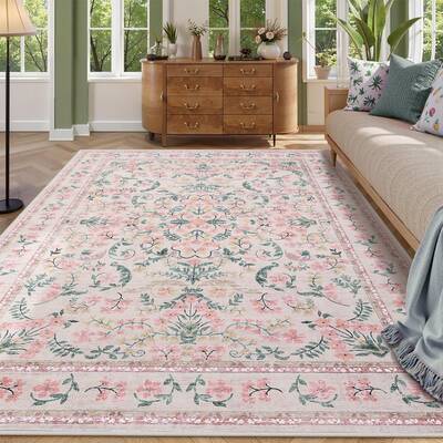 Garvee Washable Area Rug 9x12 Boho Floral Soft Non Slip Low Pile Carpet Pink for Living Room Bedroom Dining Room Nursery Hall...