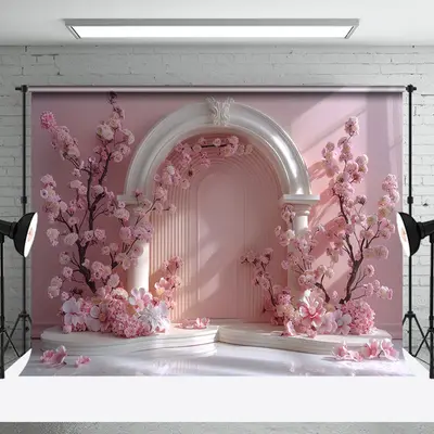 Vintage Pink White Arch Door Floral Wedding Backdrop