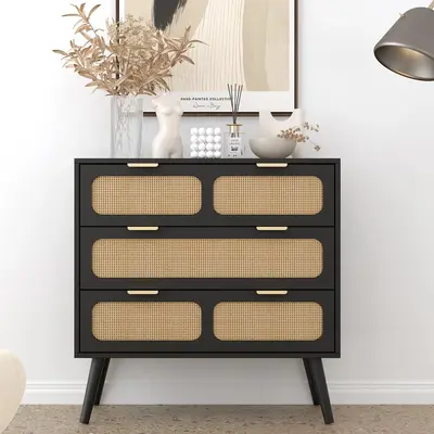 Giratree 3 Drawer Dresser, Modern Rattan Dresser Chest with Wide Drawers and Metal Handles, Farmhouse Wood Storage Chest of D...