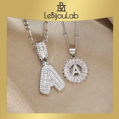 [LeBijouLab] 2 Pieces Initial Letter Necklace Set for Women | Silver Bubble Initial Necklaces for Women | Iced out Zirconia S...