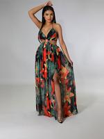 Women's Floral Print Chain Decor Backless Split Thigh Cami Dress, Boho Fashion Tie Back Halter Neck Maxi Dress for Beach Vaca...