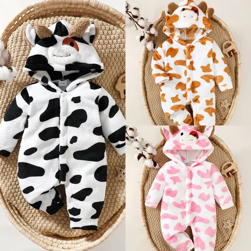 Ready Stock 1-18m Baby's Cute Milk Cow Pattern Romper,Long Sleeve Hooded Single Breasted Design Bodysuit For Fall Winter 1240...
