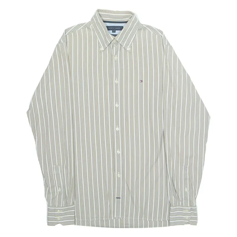 TOMMY HILFIGER Mens Shirt Beige Striped Long Sleeve S