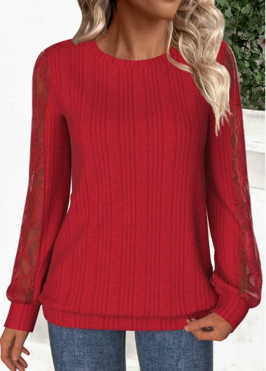 Modlily Red Lace Long Sleeve Round Neck Sweatshirt - L