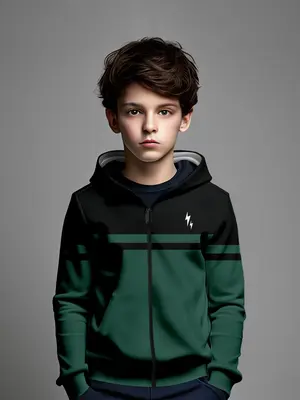 Boys' Colorblock Lightning Bolt Hoodie, Cute Fitted Zipper Sweatshirt, Fall & Winter Sporty Style, Moderate Fabric Thickness