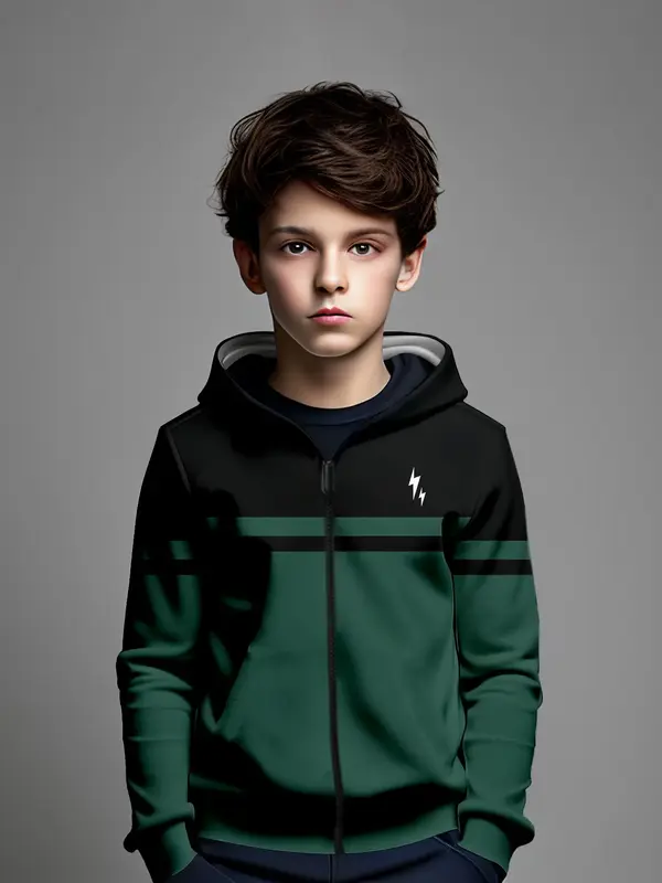 Boys' Colorblock Lightning Bolt Hoodie, Cute Fitted Zipper Sweatshirt, Fall & Winter Sporty Style, Moderate Fabric Thickness