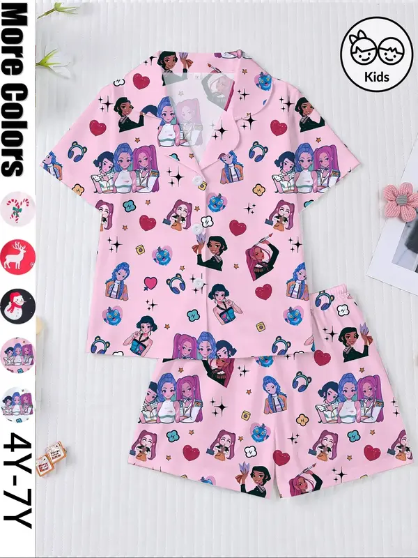 Christmas & K-Pop Demon Hunter Pajama Set, Fitted Cartoon Print Sleepwear, Casual All-Season Kids' Clothing