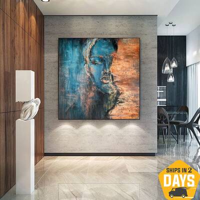 Abstract Face Oil Painting Blue and Bronze Artwork Original Woman Wall Art for Bedroom | ANOTHER PERSON 46"x46"