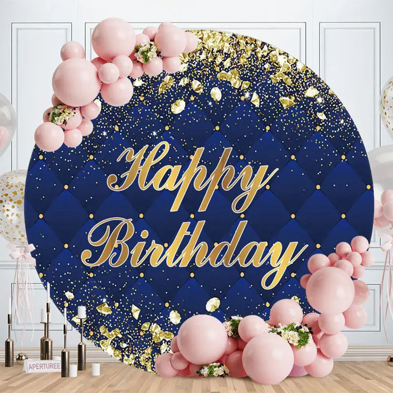 Aperturee Gold Diamonds Round Navy Blue Happy Birthday Backdrop | Round Backdrop Fabric Cover | Custom Round Birthday Backdro...