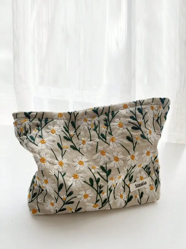 Floral Embroidery Makeup Bag, Large Capacity Cosmetic Storage Bag, Fashionable Travel Bag For Women