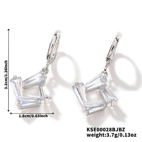 Chic Minimalist Geometric Brass Clear Cubic Zirconia Rhombus Hoop Earrings