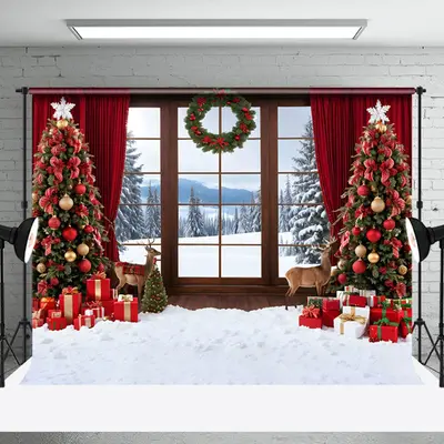 Aperturee Forest Window Scene Red Curtain Christmas Backdrop - Aperturee