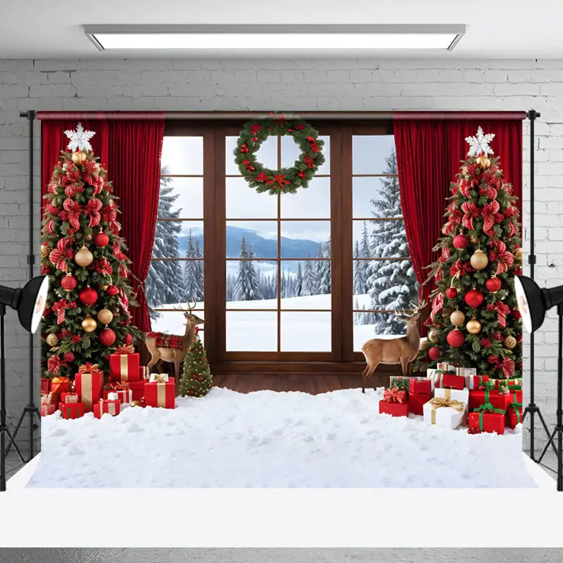 Aperturee Forest Window Scene Red Curtain Christmas Backdrop - Aperturee