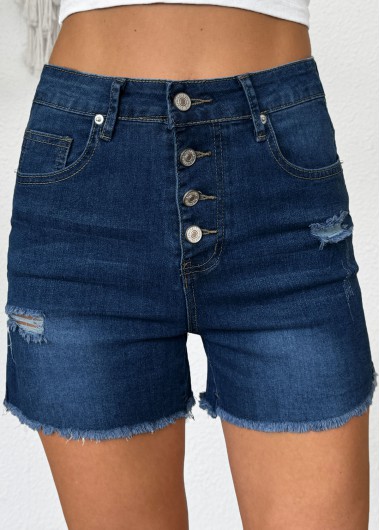Modlily Denim Blue Button Fly High Waisted Denim Shorts - L