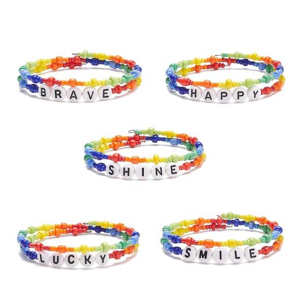 Colorful Acrylic Word & Glass Seed Beaded Wrap Bangle