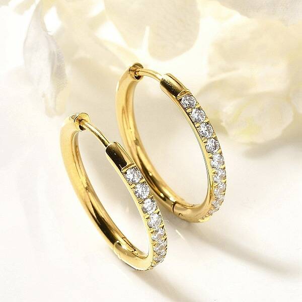 304 Stainless Steel Micro Pave Clear Cubic Zirconia Huggie Hoop Earrings