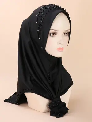 Faux Pearl & Rhinestone Decorated Instant Hijab, Elegant Solid Color Head Wrap For Women, Fashion Muslim Headwear For Party, ...