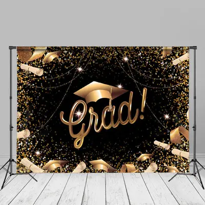 Golden Ribbon Black Grad Party Photo Booth Backdrop - Aperturee