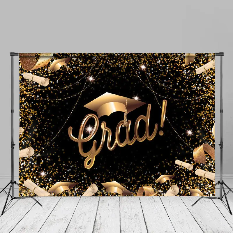 Golden Ribbon Black Grad Party Photo Booth Backdrop - Aperturee