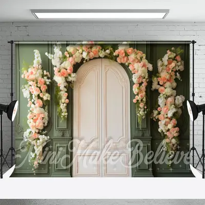 Green Palace Wall Door Pink White Floral Backdrop - Aperturee