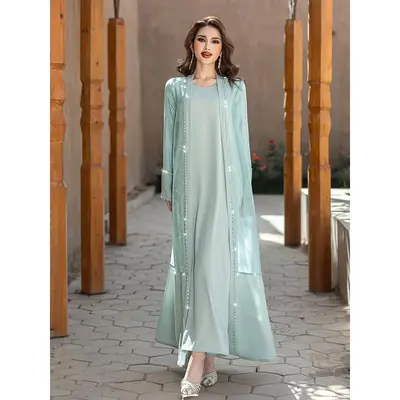 Color Block Rhinestone Long Sleeve Dress Set - Elegant Two-Piece for Women, Polyester, Non-Stretch, Middle East Special Proje...