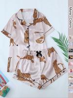 Women's Animal Print Button Front Shirt & Bow Decor Shorts Pyjama Set, Short Sleeve Collar Pocket Top & Elastic Waist Shorts ...