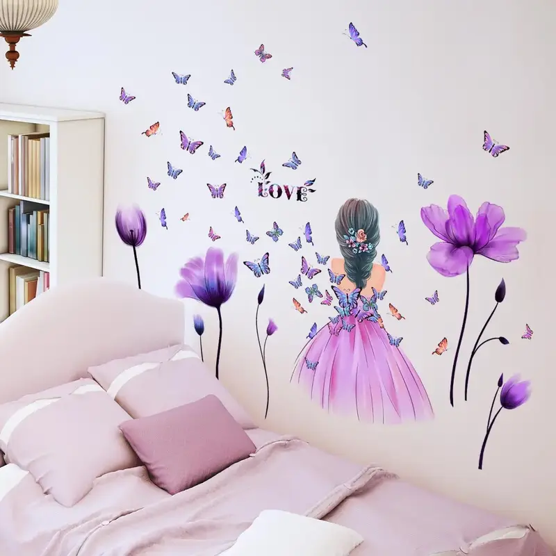 Home Decor Butterfly & Tulip & Girl Pattern Wall Sticker, 4 Counts/set Girl & Flower Pattern Wall Decal Decoration, Wall Deco...