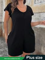 【Plus Size】 Solid Color Flap Pocket Romper, Elegant Short Sleeve V Neck Romper for Daily Wear, Women's Plus Clothing for ...