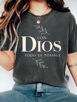 Women's Letter Print Round Neck Tee, Vintage Trendy Casual Drop Shoulder Short Sleeve T-shirt for Daily Wear, Ladies Summer T...