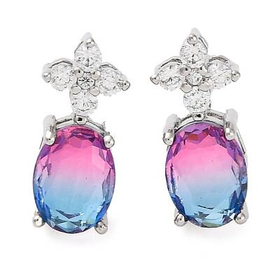 Brass Pave Cubic Zirconia Flower & Oval Stud Earrings for Women