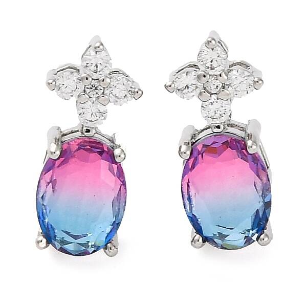 Brass Pave Cubic Zirconia Flower & Oval Stud Earrings for Women