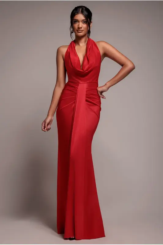 Goddiva Open Back Cowl Neck Maxi Dress - Red