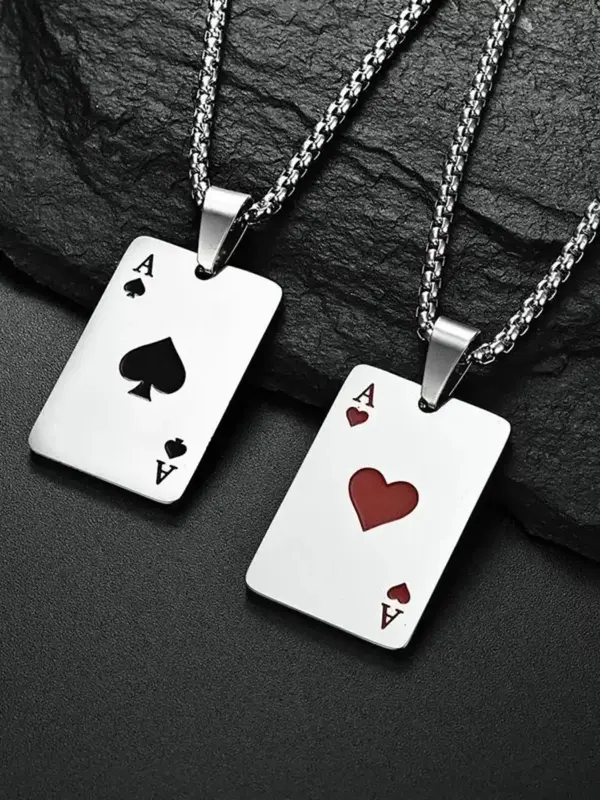 Street Trend Ace of Hearts Stainless Steel Pendant Necklace, Vintage Poker Card Charm Y2K Chain Necklace, Punk Hip Hop Styles...