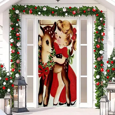Girl And Sika Deer Painting Christmas Door Cover - Aperturee