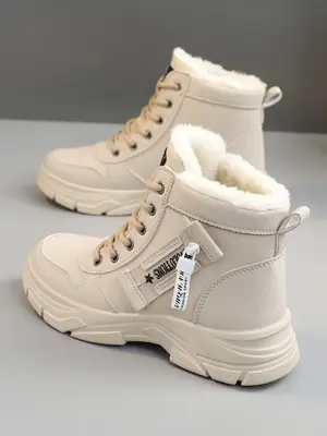 Women's Fashionable Letter Label Design Lace Up Mid-calf Boots, 2025 New Style Casual Warm Thick Sole Winter Boots for Winter...