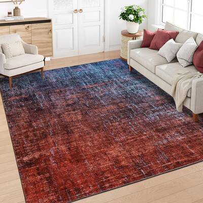 Garvee 10x13 Washable Abstract Area Rug, Modern Red & Blue Living Room Rug, Non-Slip Low Pile Large Carpet, Stain-Resistant F...