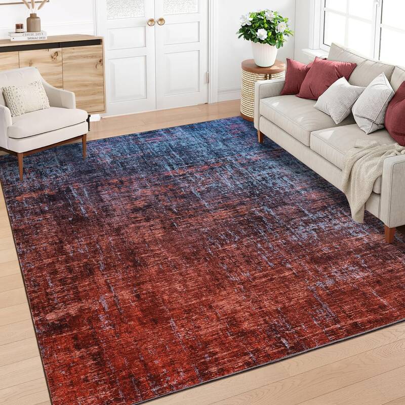Garvee 10x13 Washable Abstract Area Rug, Modern Red & Blue Living Room Rug, Non-Slip Low Pile Large Carpet, Stain-Resistant F...