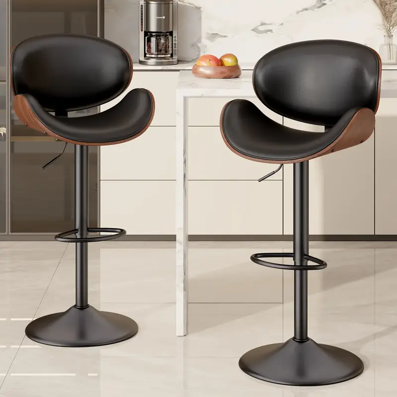Swivel Bar Stools Set of 2, Seat Adjustable Height 23.5-32.5IN Bentwood Barstools with Back & Footrest, PU Leather Upholstere...