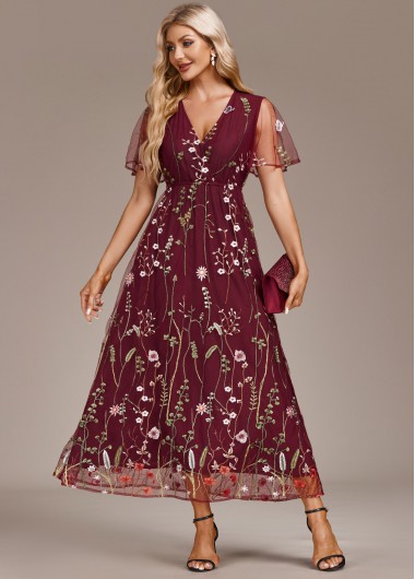 Modlily Wine Red Embroidery Short Sleeve V Neck Dress - M