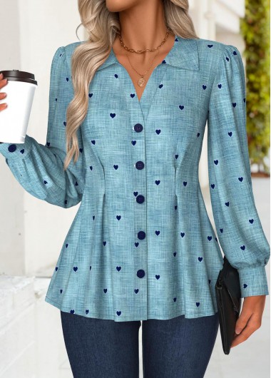 Modlily Denim Blue Peplum Denim-effect Print Long Sleeve Shirt - L