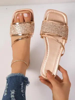 Women's Glitter Thin Band Decor Slide Sandals, Fashionable Plain Color Flat Sandals, Casual Open Square Toe Sandals, Summer F...