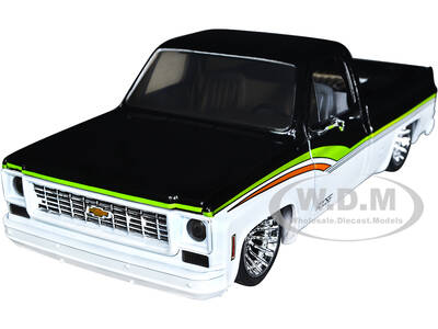1973 Chevrolet Cheyenne Super 10 Pickup Truck Black and Bright White with Stripes \