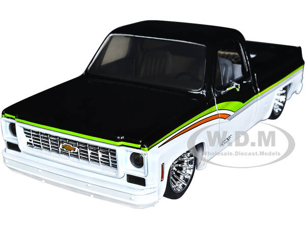 1973 Chevrolet Cheyenne Super 10 Pickup Truck Black and Bright White with Stripes \